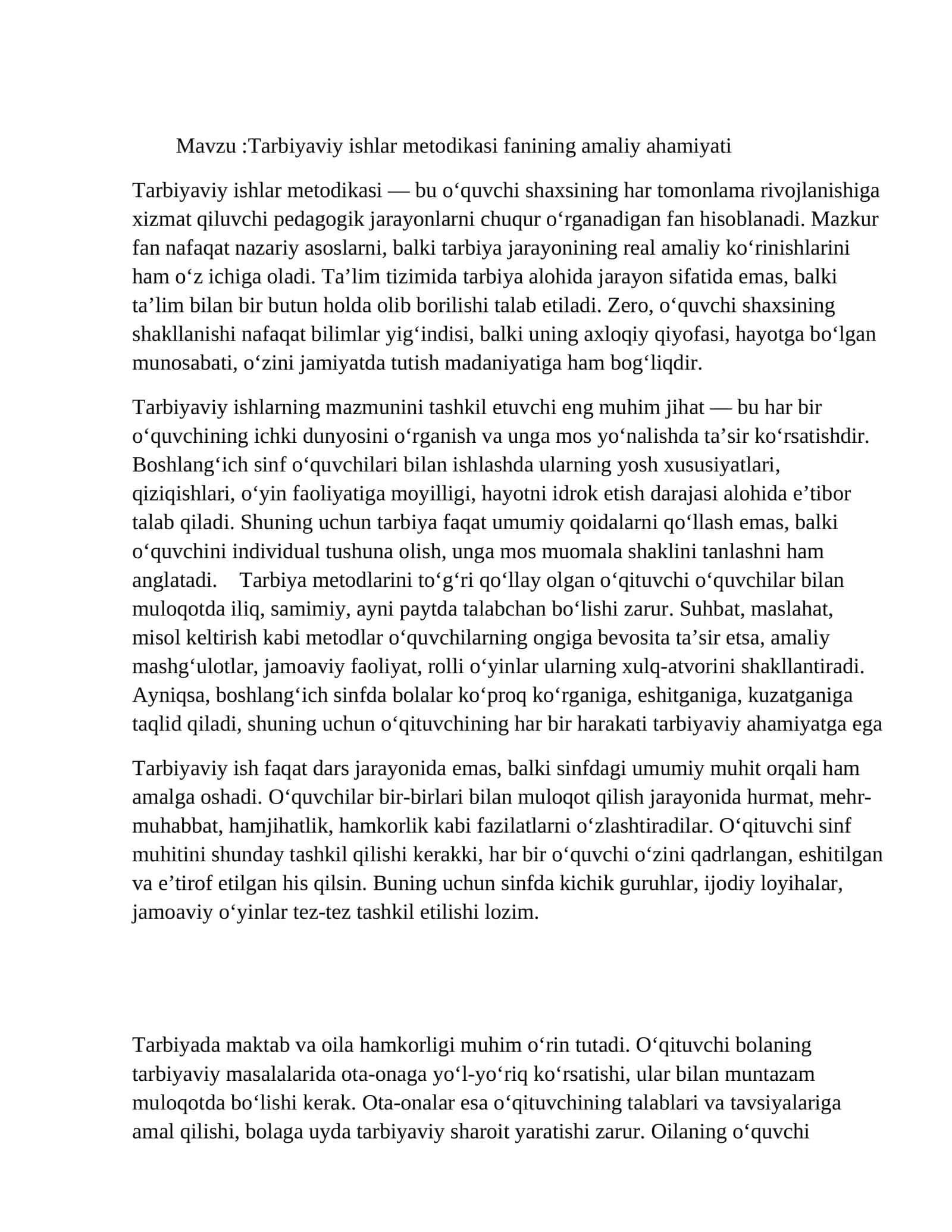 Tarbiyaviy ishlar metodikasi fanining amaliy ahamiyati