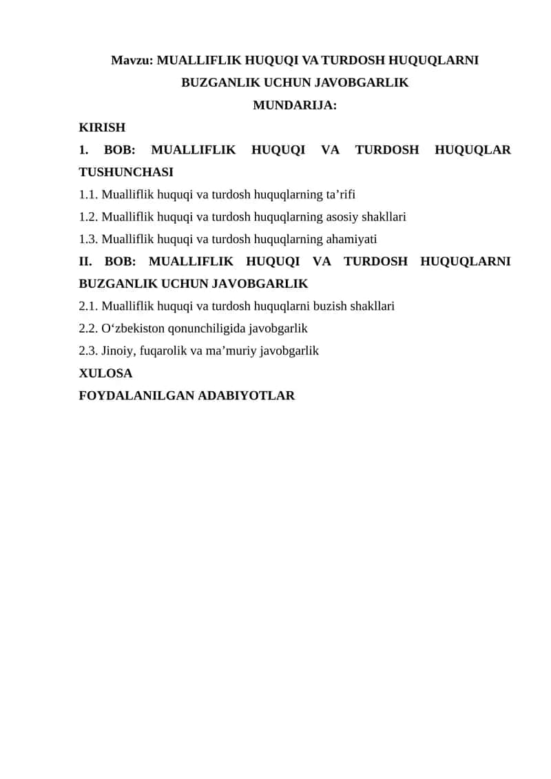 MUALLIFLIK HUQUQI VA TURDOSH HUQUQLARNI BUZGANLIK UCHUN JAVOBGARLIK