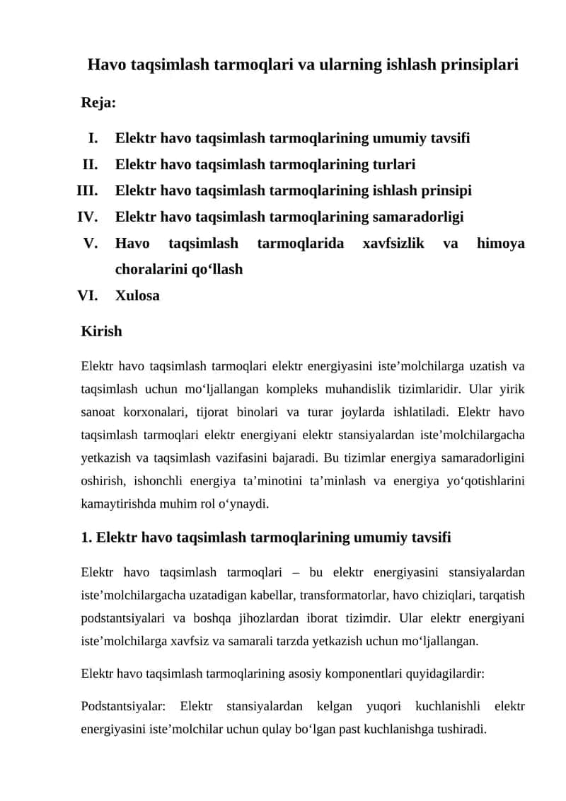 Havo taqsimlash tarmoqlari va ularning ishlash prinsiplari