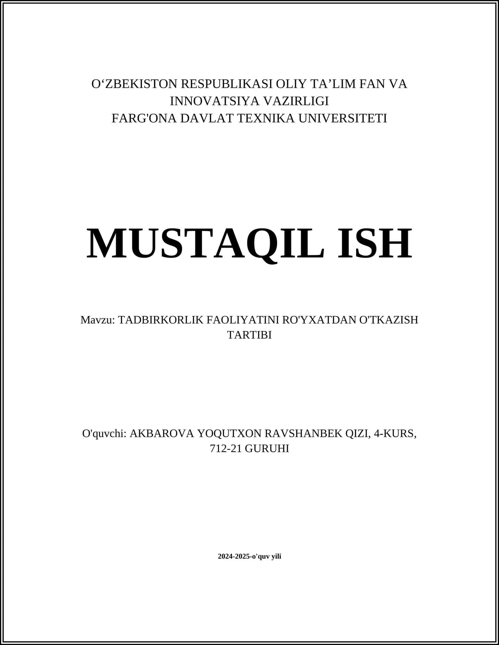 TADBIRKORLIK FAOLIYATINI RO'YXATDAN O'TKAZISH TARTIBI