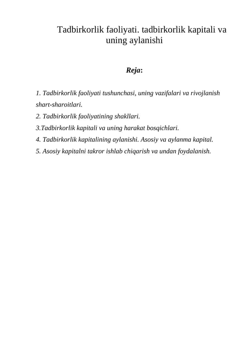 Tadbirkorlik faoliyati va uning aylanishi