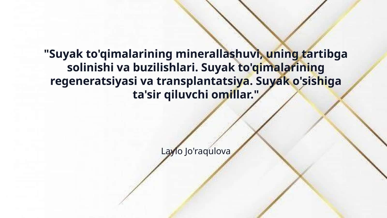 "Suyak to'qimalarining minerallashuvi, uning tartibga solinishi va buzilishlari. Suyak to'qimalarining regeneratsiyasi va transplantatsiya. Suyak o'sishiga ta'sir qiluvchi omillar."