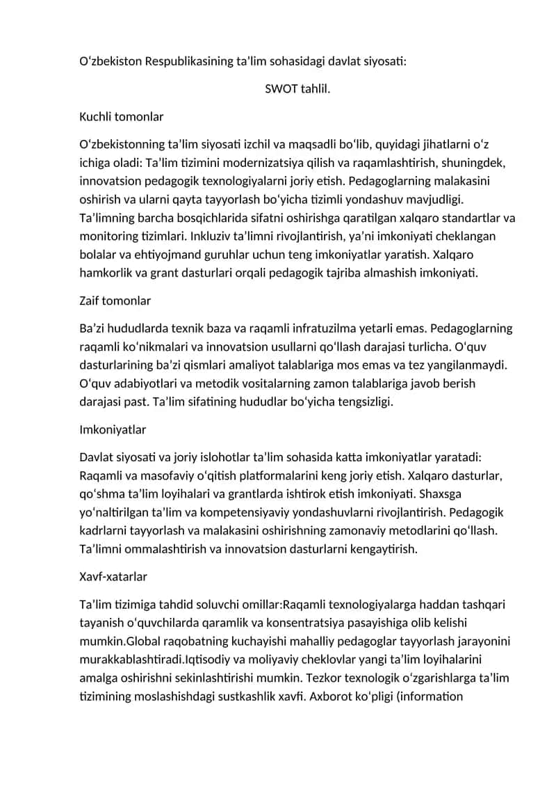 O‘zbekiston Respublikasining ta’lim sohasidagi davlat siyosati: SWOT tahlil
