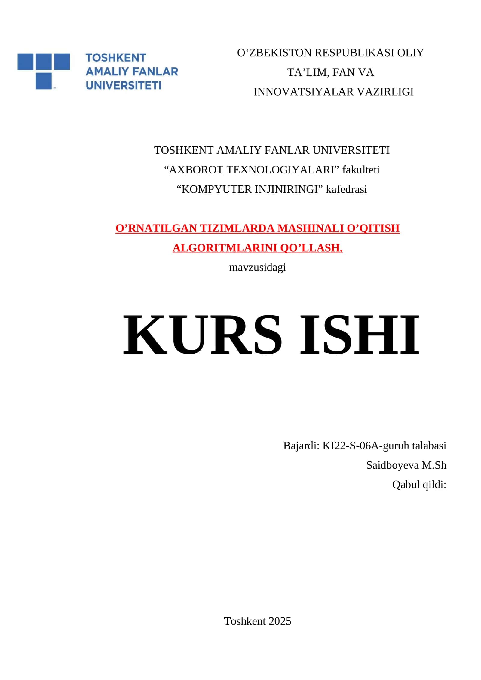 TIZIMLARDA MASHINALI O’QITISH ALGORITMLARINI QO’LLASH