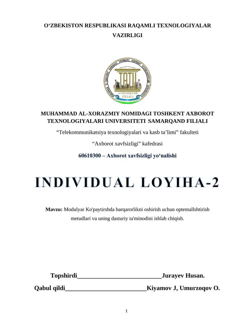 Modulyar Ko'paytirshda barqarorlikni oshirish uchun optemallshtirish metudlari va uning dasturiy ta'minodini ishlab chiqish