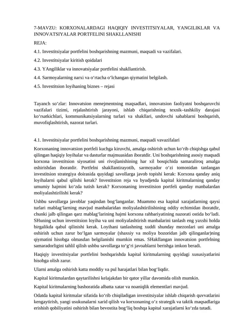 KORXONALARDAGI HAQIQIY INVESTITSIYALAR, YANGILIKLAR VA INNOVATSIYALAR PORTFELINI SHAKLLANISHI