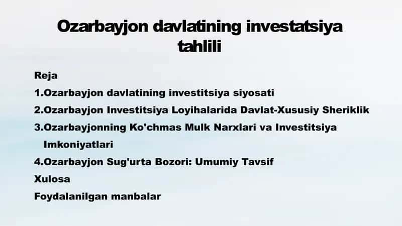 Ozarbayjonning Investitsiya Siyosati