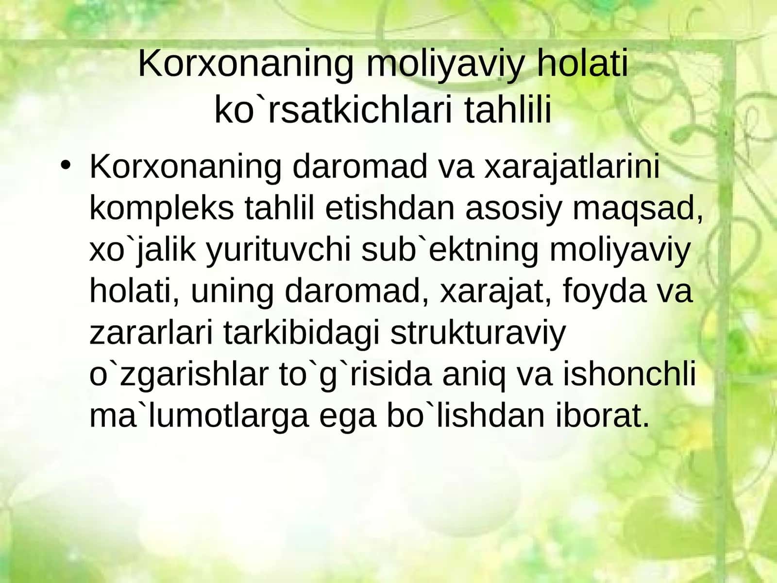 Korxonaning moliyaviy holati ko`rsatkichlari tahlili