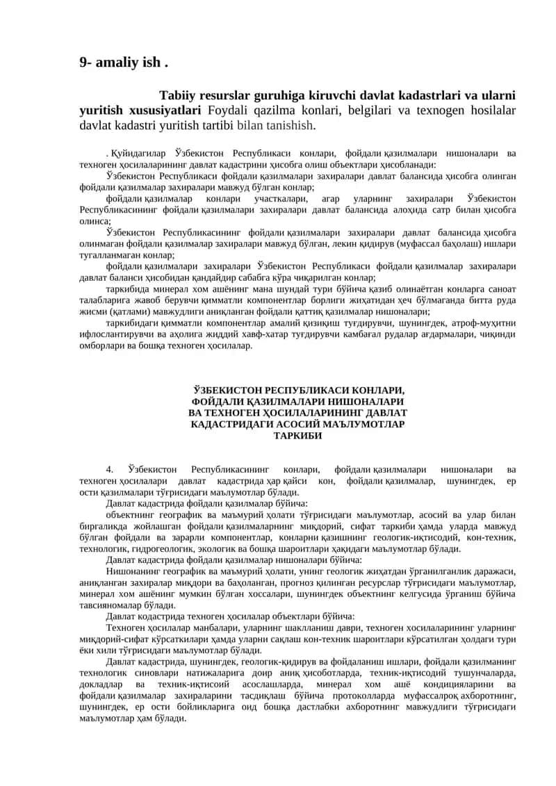 Tabiiy resurslar guruhiga kiruvchi davlat kadastrlari va ularni yuritish xususiyatlari