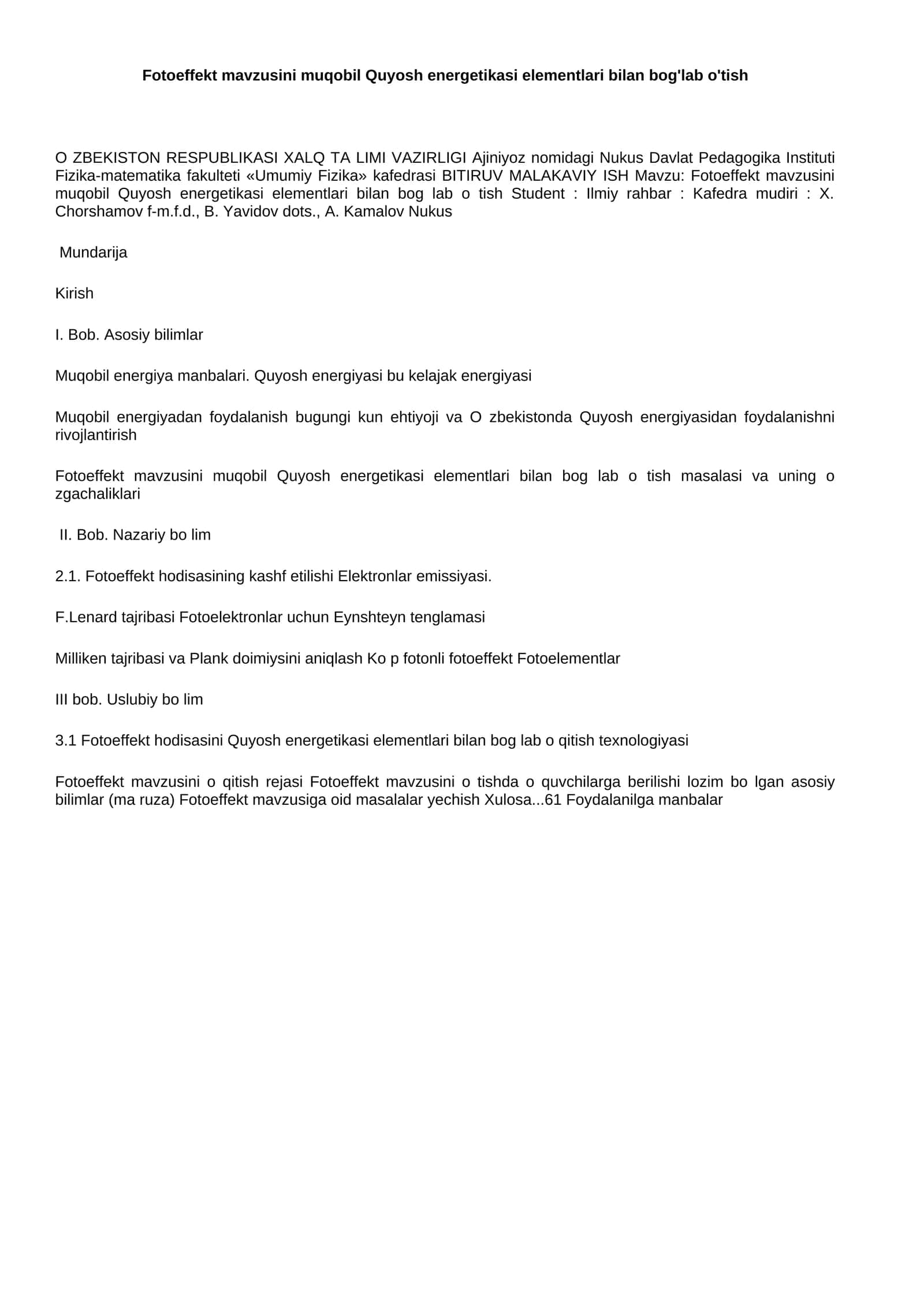 Fotoeffekt mavzusini muqobil Quyosh energetikasi elementlari bilan bog'lab o'tish
