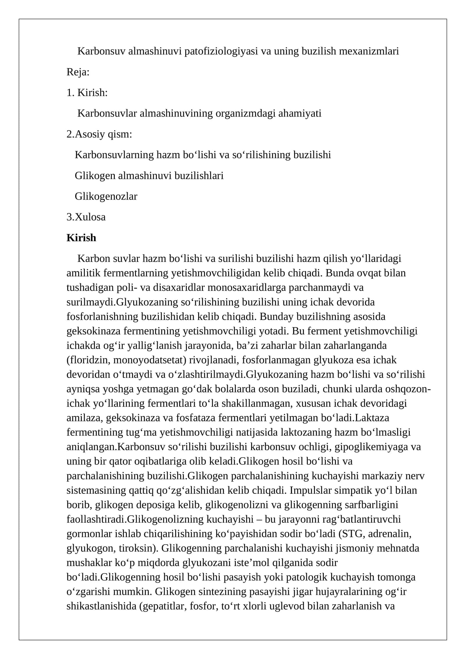 Karbonsuv almashinuvi patofiziologiyasi va uning buzilish mexanizmlari