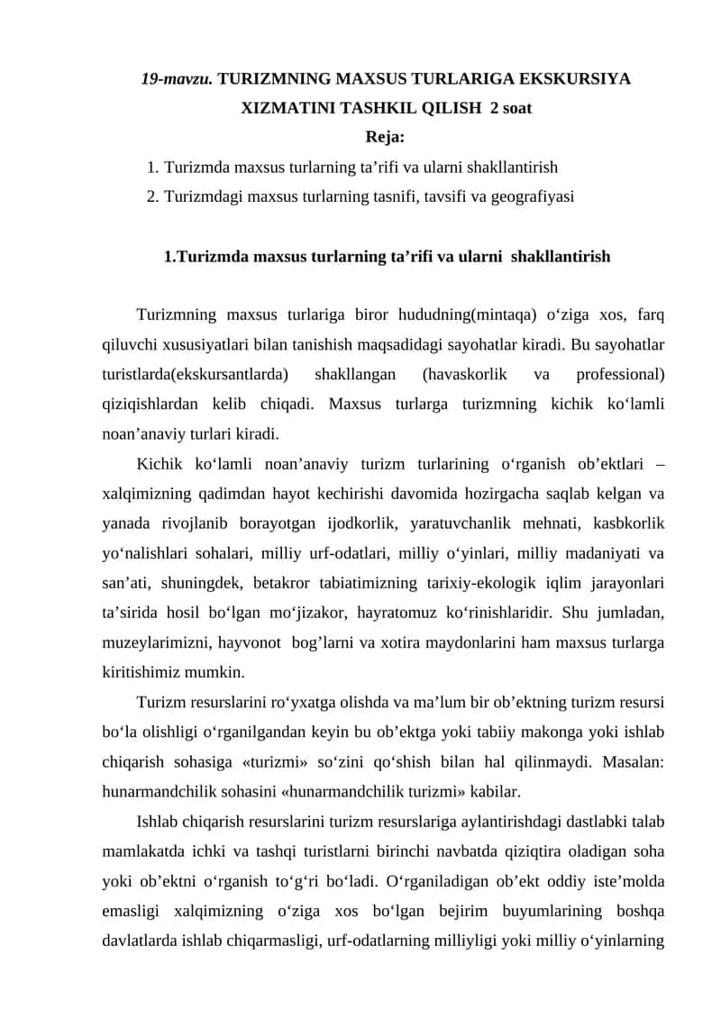 Turizmda maxsus turlar
