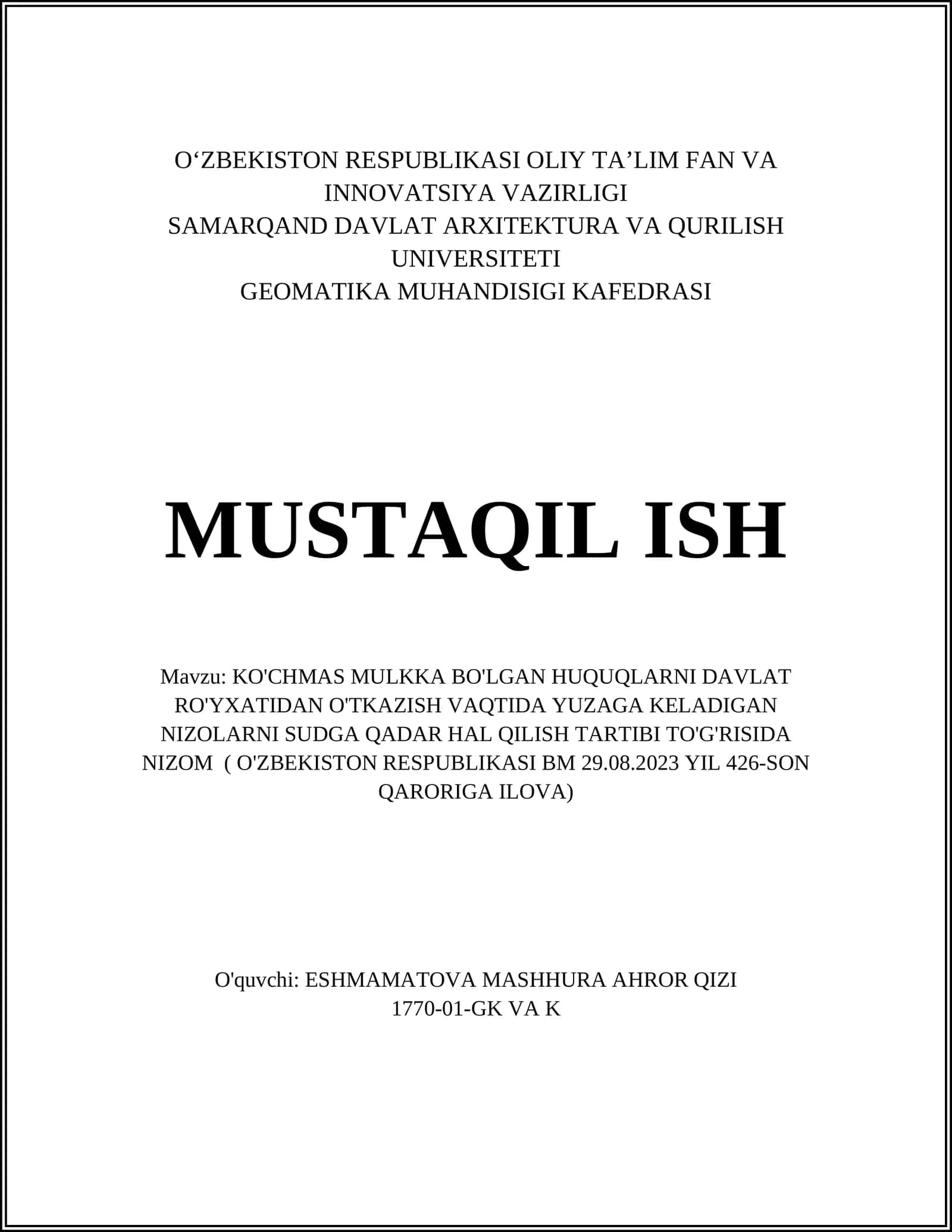 KO'CHMAS MULKKA BO'LGAN HUQUQLARNI DAVLAT RO'YXATIDAN O'TKAZISH VAQTIDA YUZAGA KELADIGAN NIZOLARNI SUDGA QADAR HAL QILISH TARTIBI TO'G'RISIDA NIZOM