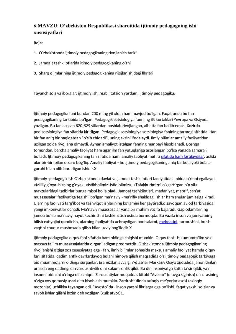 O‘zbekiston Respublikasi sharoitida ijtimoiy pedagogning ishi xususiyatlari