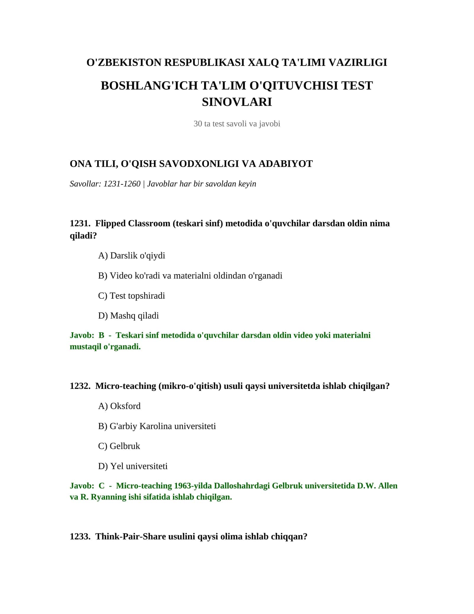 BOSHLANG'ICH TA'LIM O'QITUVCHISI TEST SINOVLARI