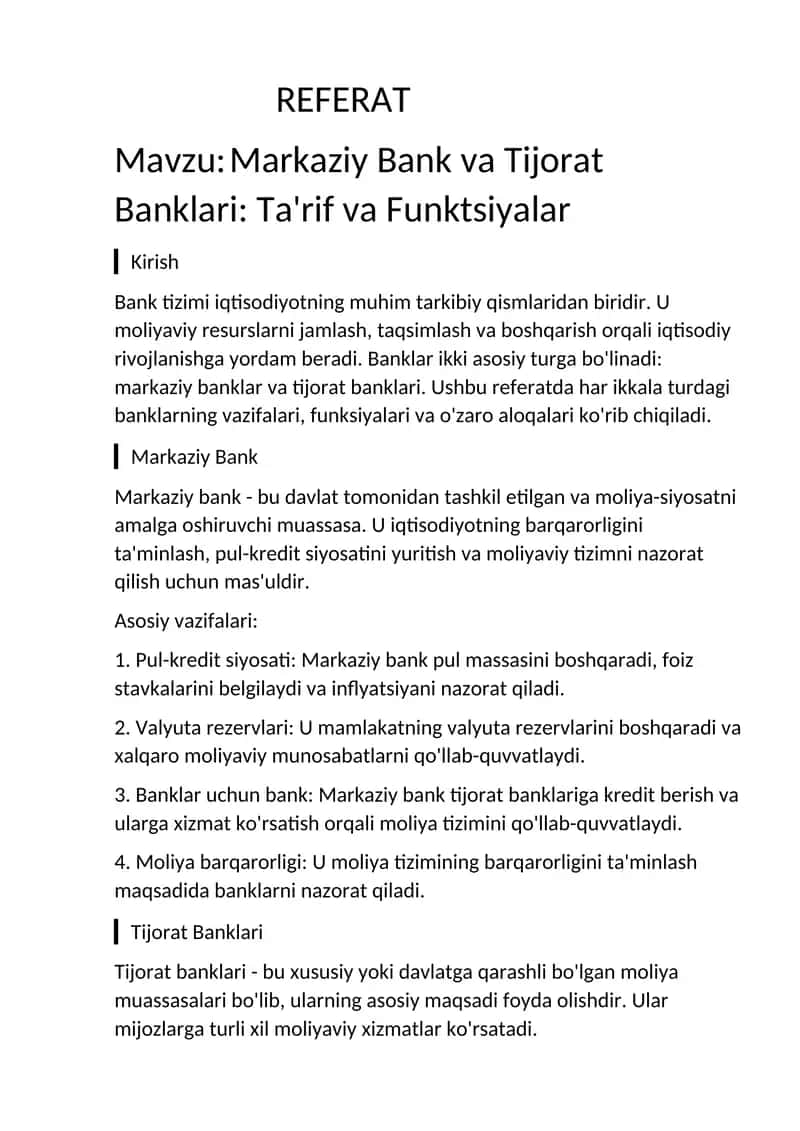 Markaziy Bank va Tijorat Banklari: Ta'rif va Funktsiyalar