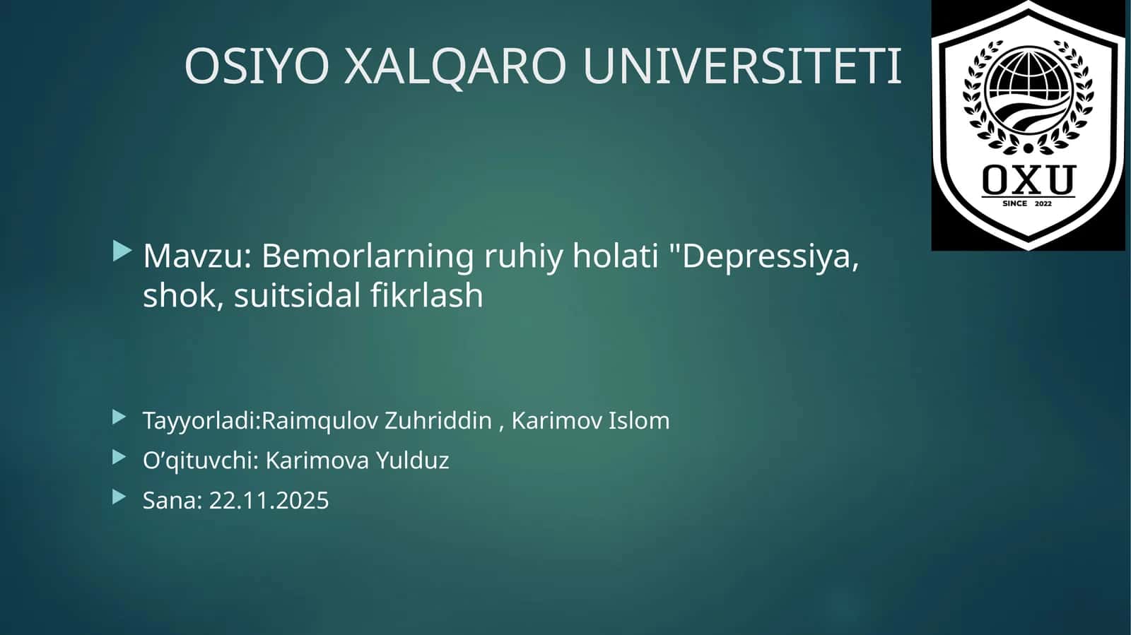 Bemorlarning ruhiy holati "Depressiya, shok, suitsidal fikrlash