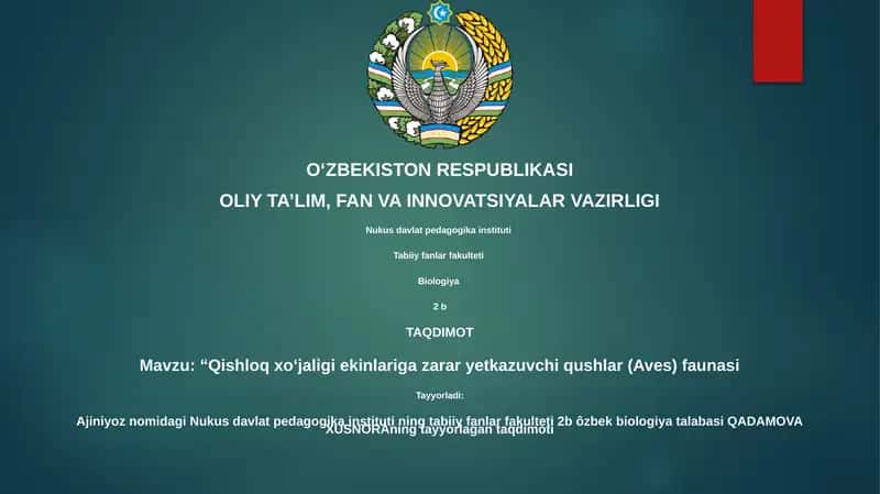Qishloq xo‘jaligi ekinlariga zarar yetkazuvchi qushlar (Aves) faunasi