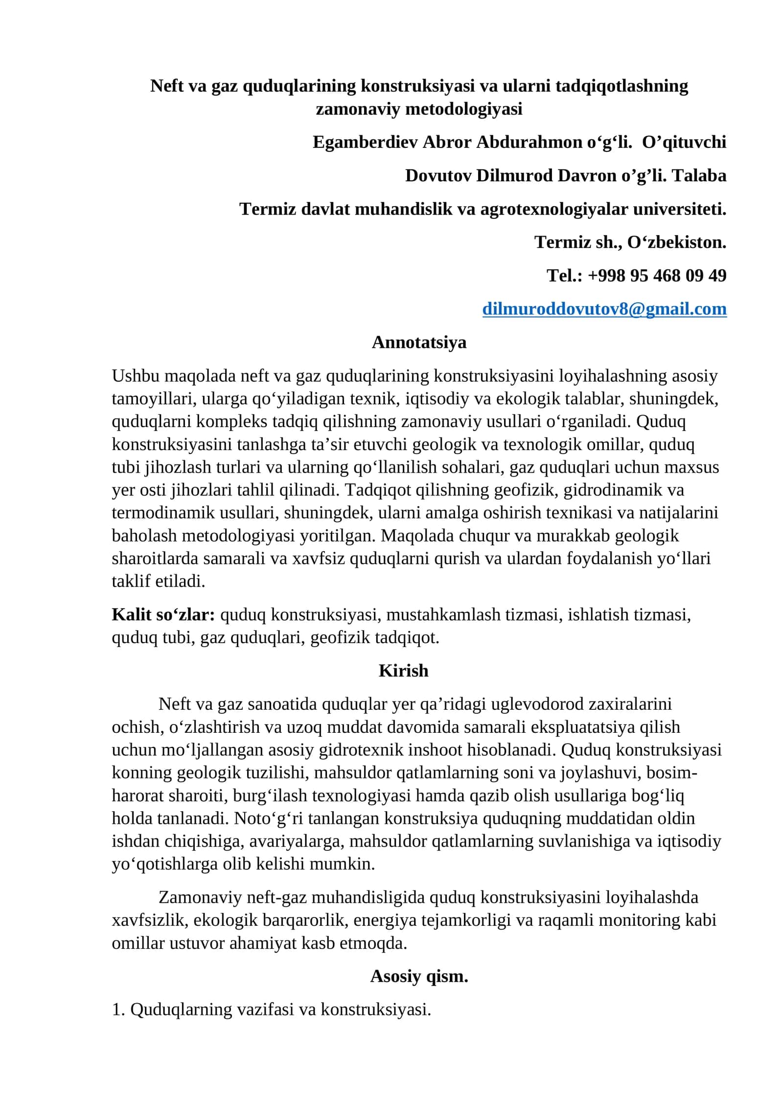 Neft va gaz quduqlarining konstruksiyasi va ularni tadqiqotlashning zamonaviy metodologiyasi