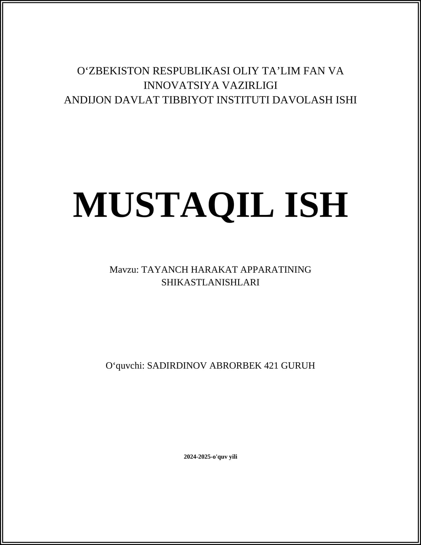 TAYANCH HARAKAT APPARATINING SHIKASTLANISHLARI