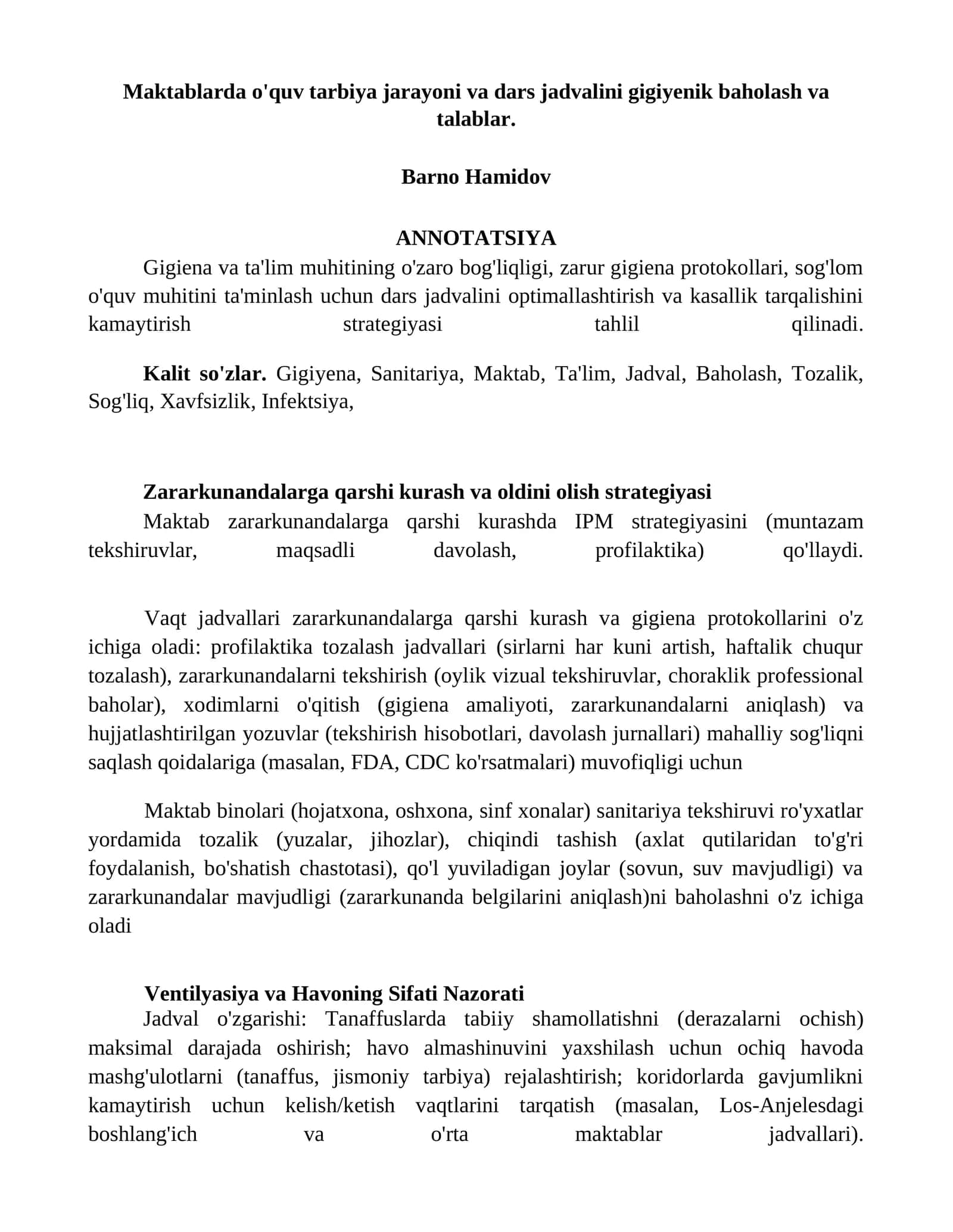 Gigiyena va ta'lim muhitining optimallashtirish strategiyasi