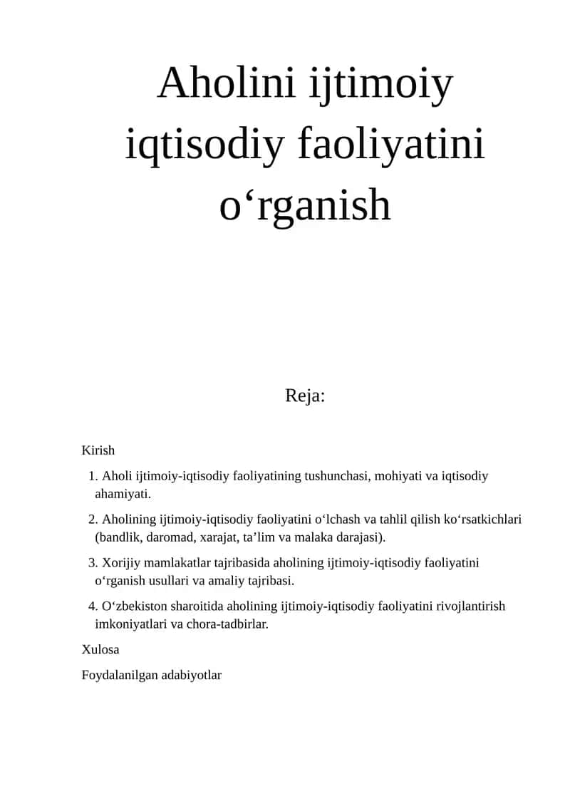 Aholini ijtimoiy iqtisodiy faoliyatini oʻrganish