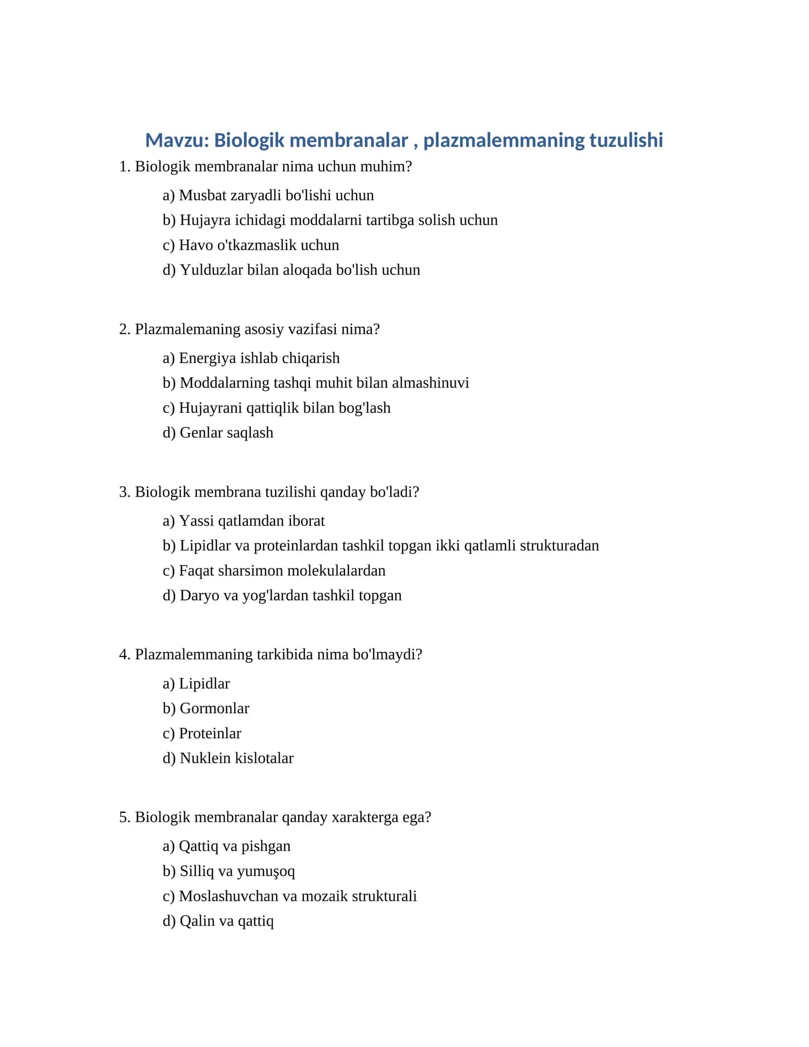 Biologik membranalar, plazmalemmaning tuzulishi