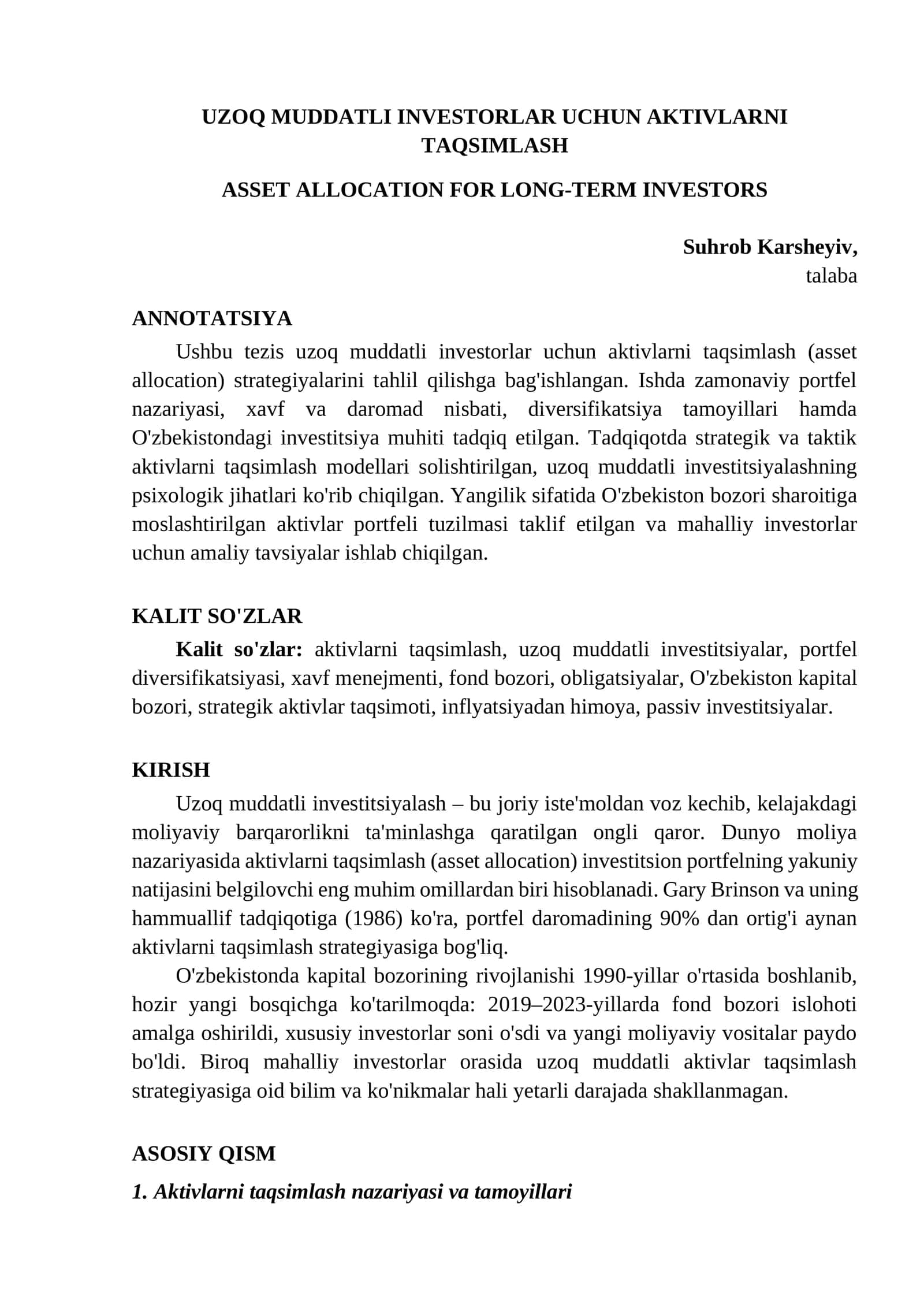 UZOQ MUDDATLI INVESTORLAR UCHUN AKTIVLARNI TAQSIMLASH