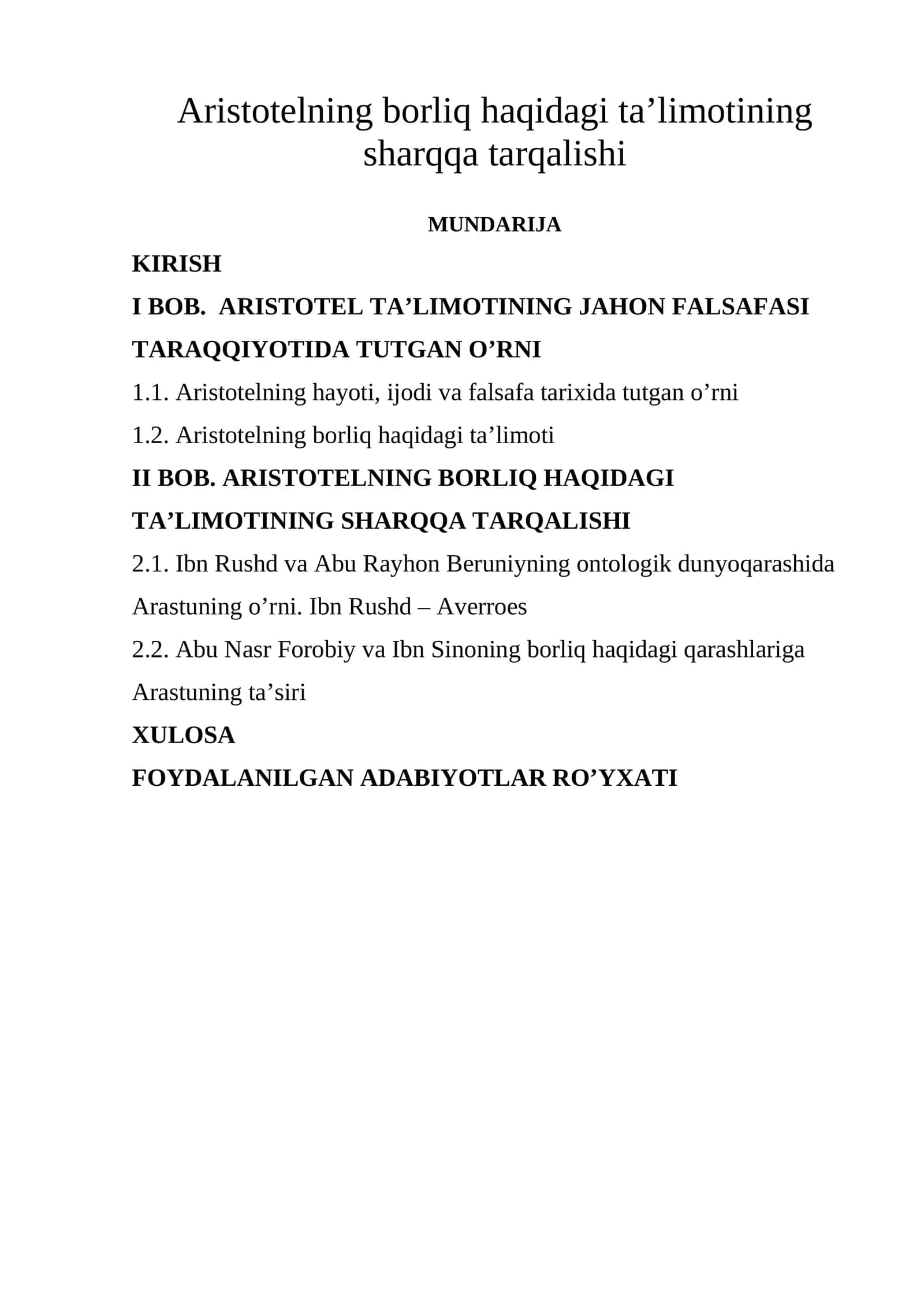 Aristotelning borliq haqidagi ta’limotining sharqqa tarqalishi