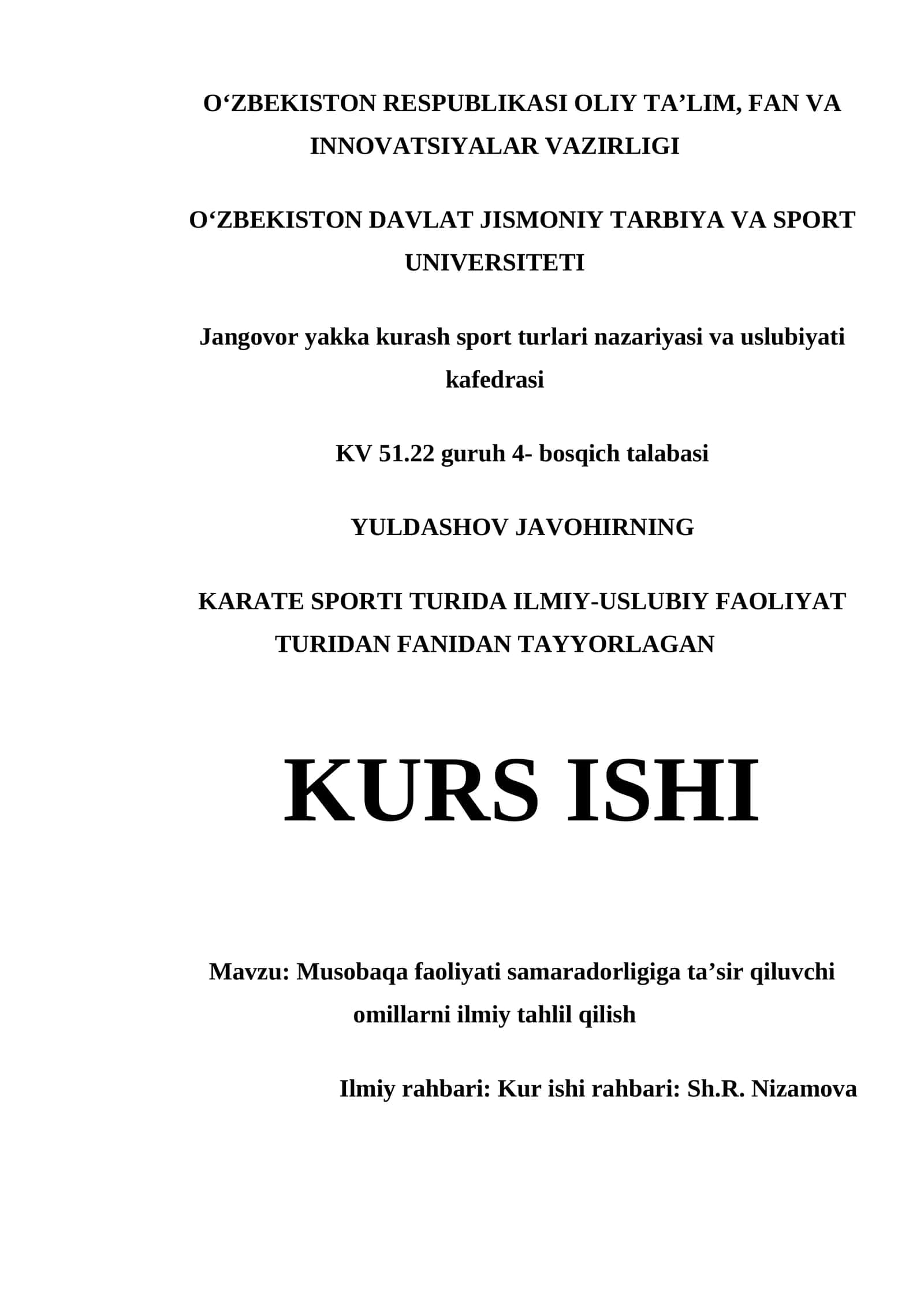 Jangovor yakka kurash sport turlari nazariyasi va uslubiyati kafedrasi