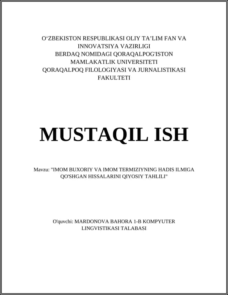 "IMOM BUXORIY VA IMOM TERMIZIYNING HADIS ILMIGA QO'SHGAN HISSALARINI QIYOSIY TAHLILI"