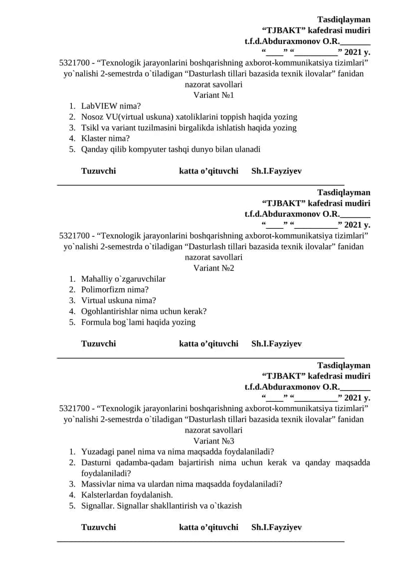 Dasturlash tillari bazasida texnik ilovalar fanidan nazorat savollari