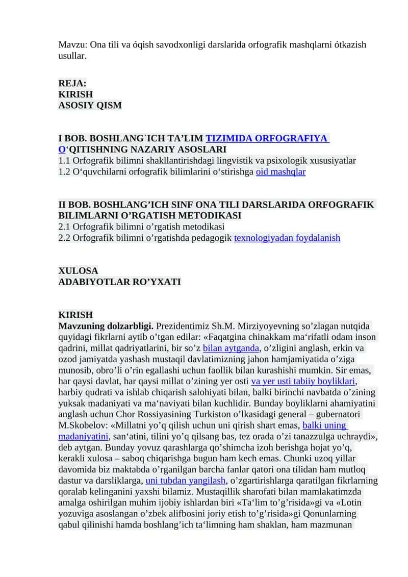 Ona tili va óqish savodxonligi darslarida orfografik mashqlarni ótkazish usullar