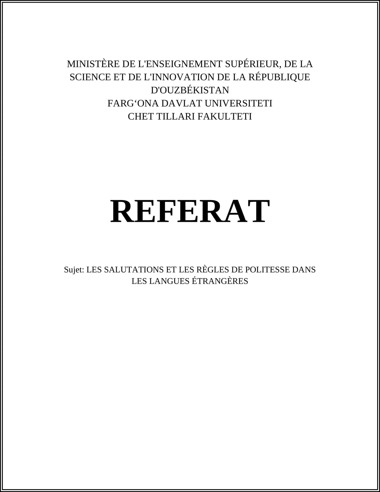 REFERAT: LES SALUTATIONS ET LES RÈGLES DE POLITESSE DANS LES LANGUES ÉTRANGÈRES