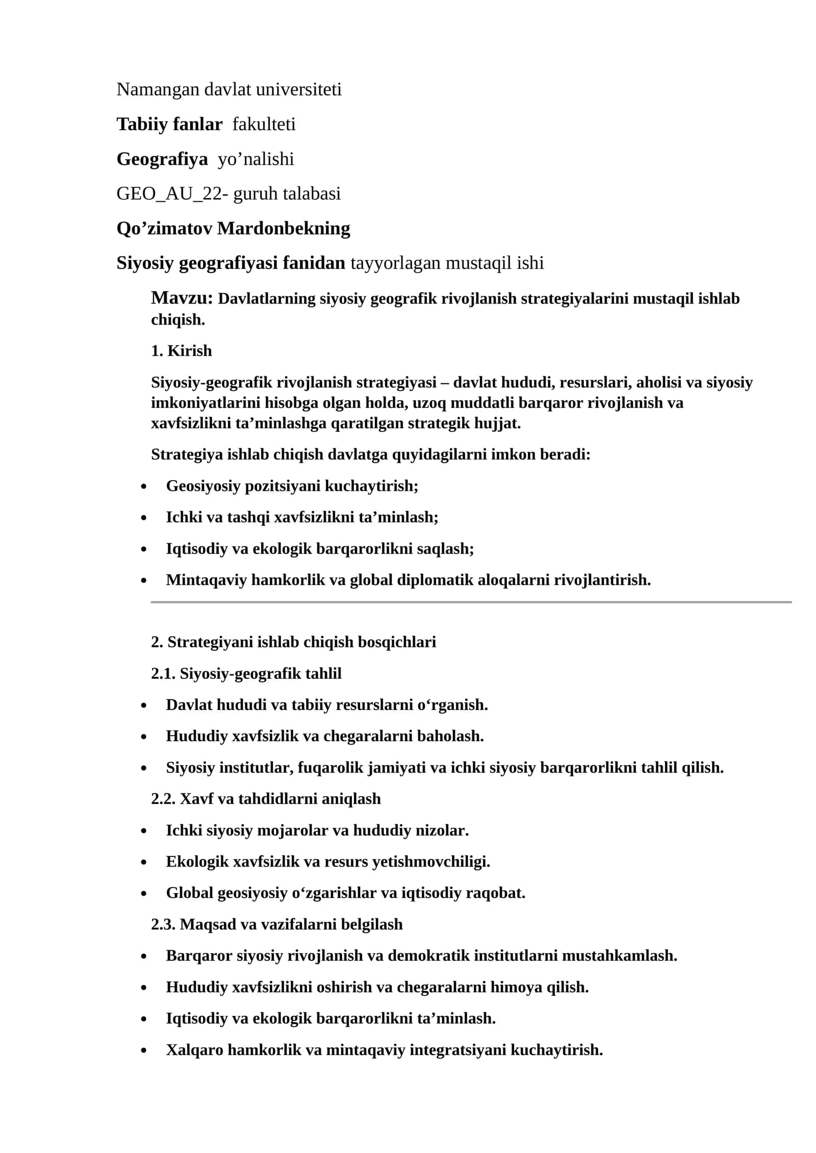 Mustaqil ish: Davlatlarning siyosiy geografik rivojlanish strategiyalarini mustaqil ishlab chiqish