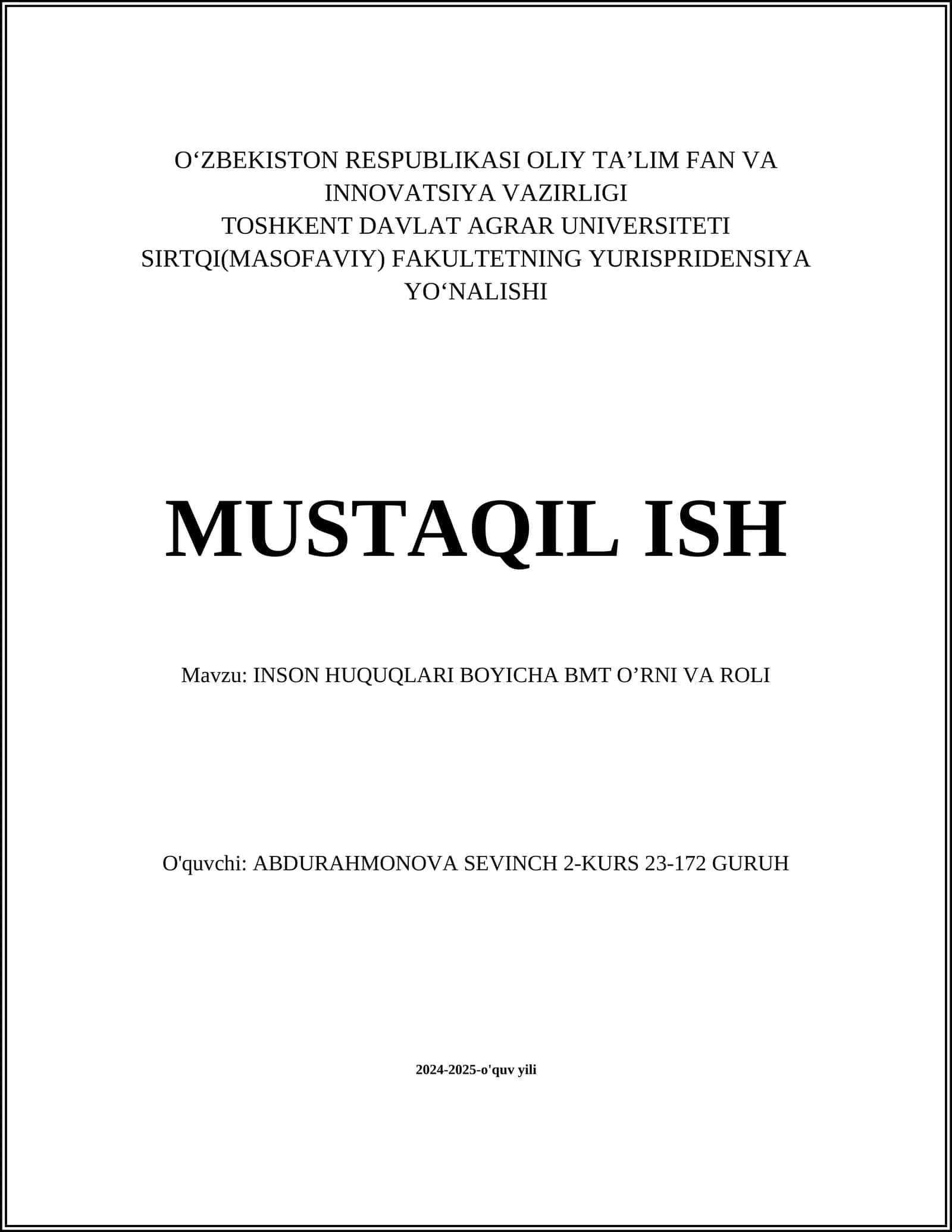 INSON HUQUQLARI BOYICHA BMT OʼRNI VA ROLI