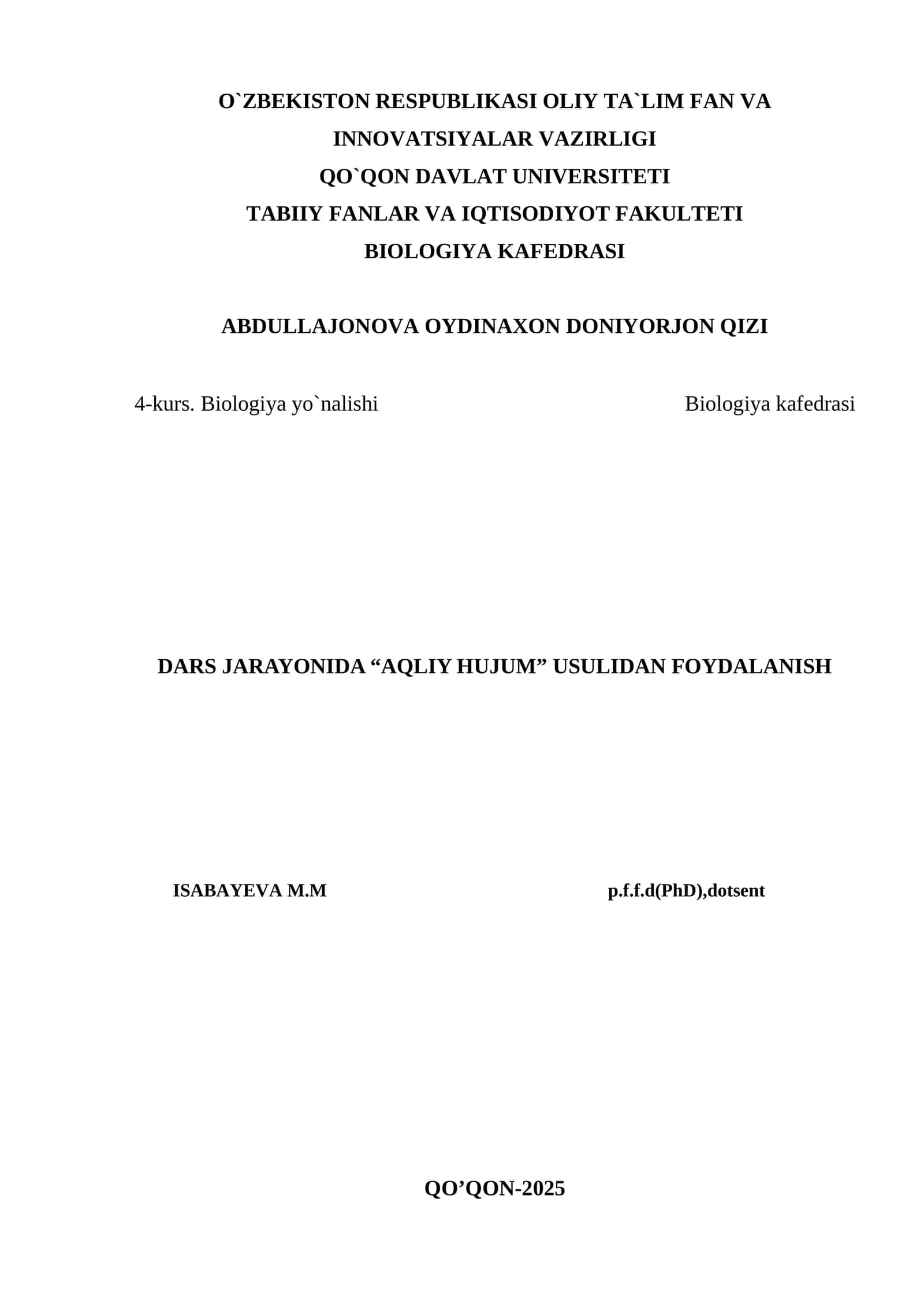DARS JARAYONIDA “AQLIY HUJUM” USULIDAN FOYDALANISH