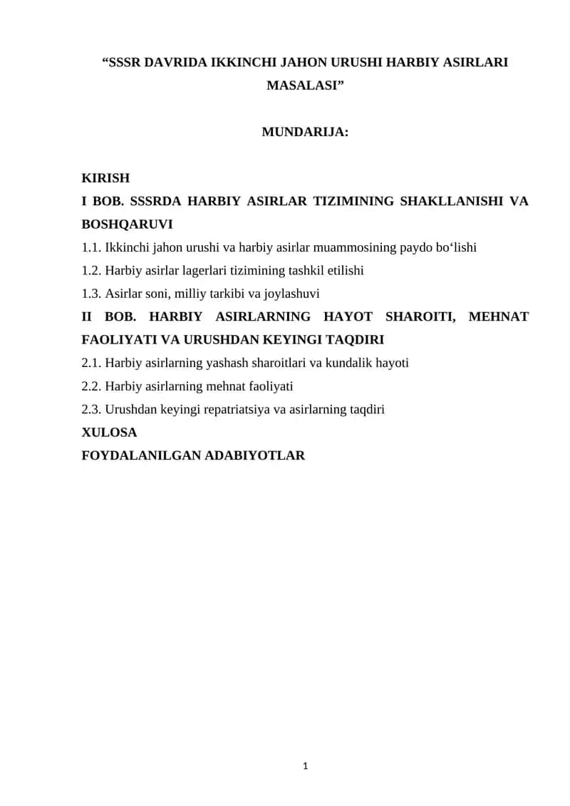 SSSR Davrida Ikinchi Jahon Urushi Harbiy Asirlari Masalasi