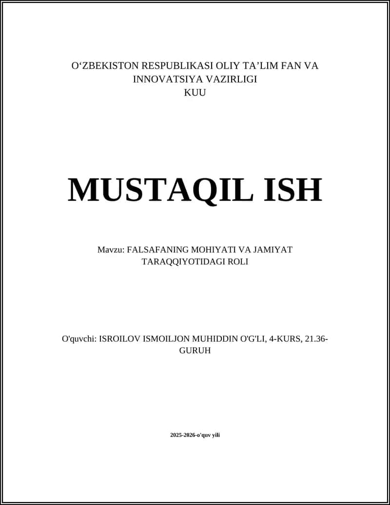 FALSAFANING MOHIYATI VA JAMIYAT TARAQQIYOTIDAGI ROLI