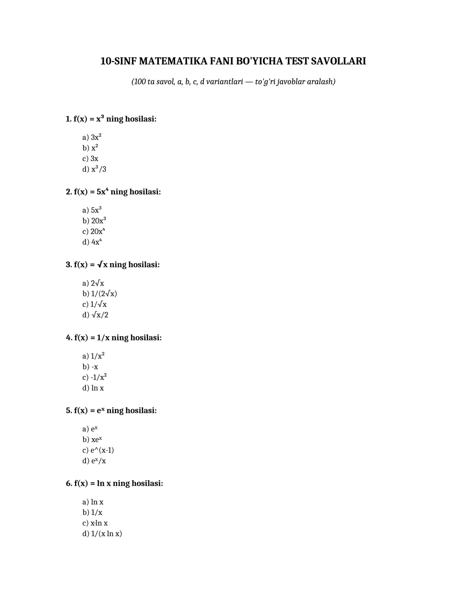 10-SINF MATEMATIKA FANI BO'YICHA TEST SAVOLLARI