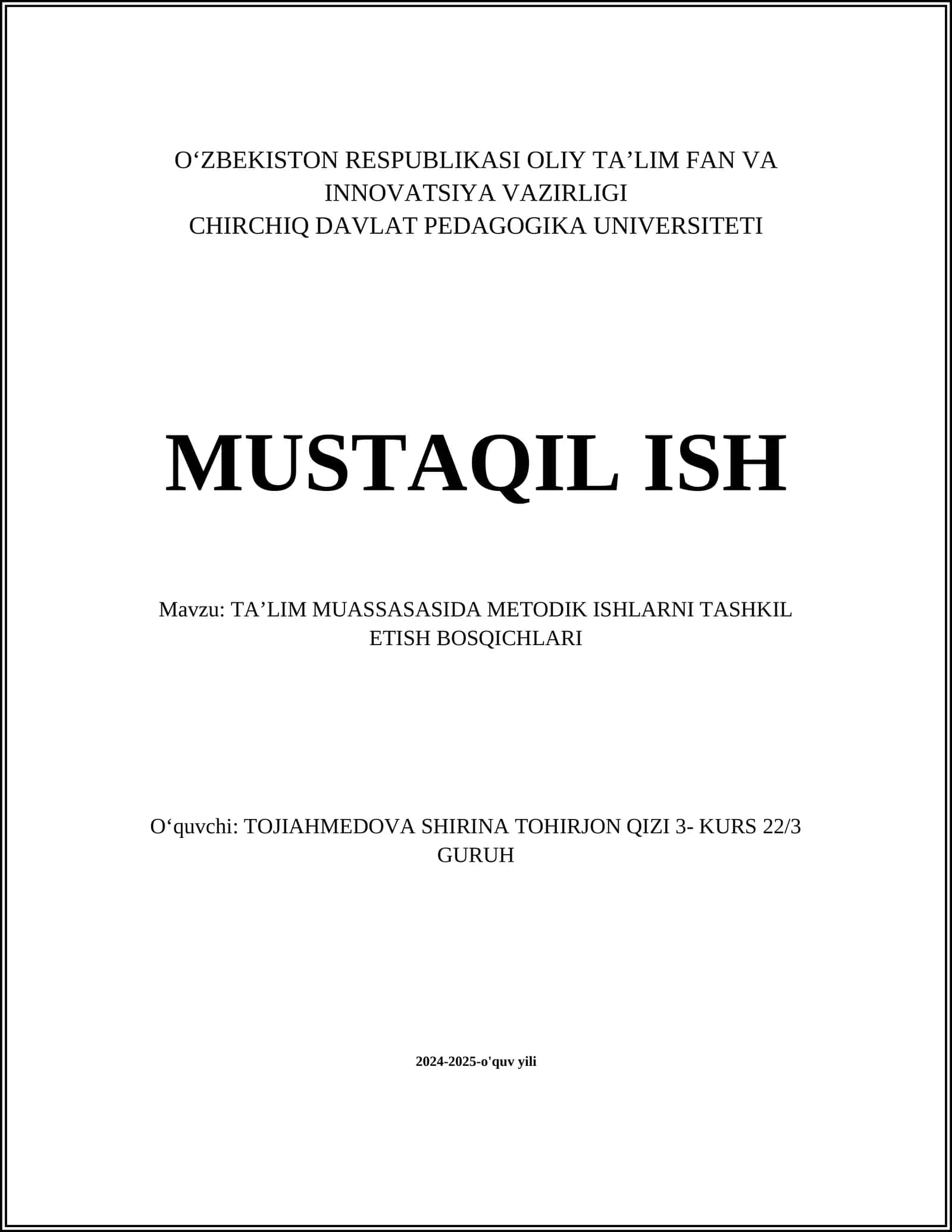 TAʼLIM MUASSASASIDA METODIK ISHLARNI TASHKIL ETISH BOSQICHLARI