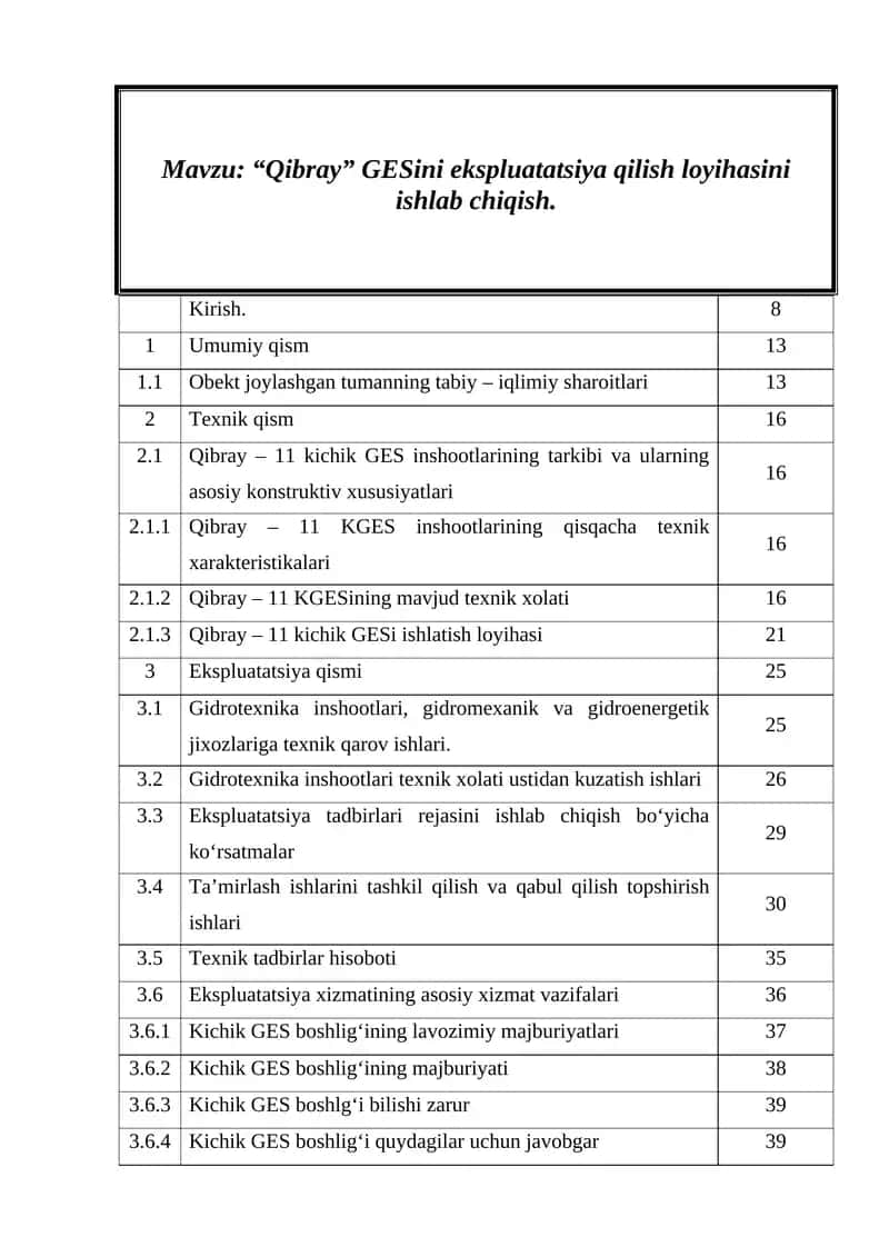 “Qibray” GESini ekspluatatsiya qilish loyihasini ishlab chiqish