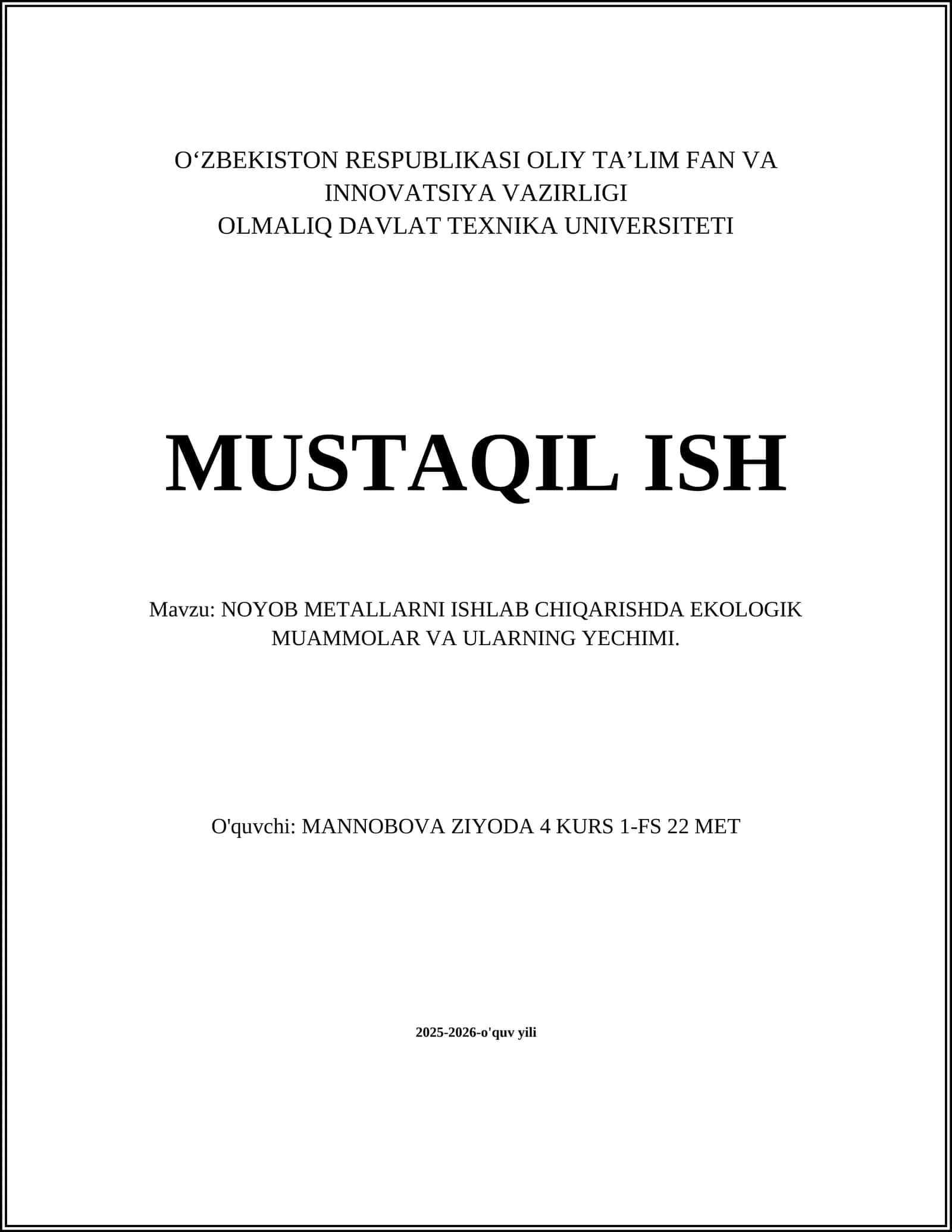 NOYOB METALLARNI ISHLAB CHIQARISHDA EKOLOGIK MUAMMOLAR VA ULARNING YECHIMI