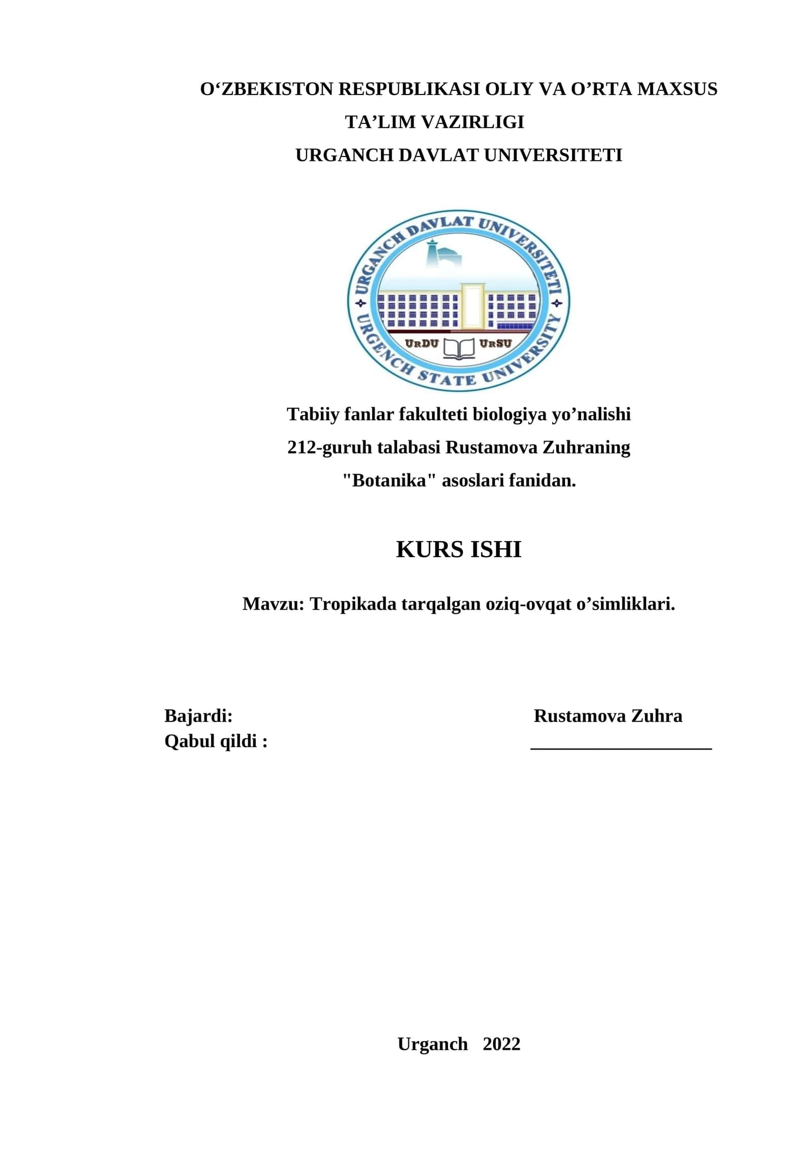 Botanika asoslari fanidan kurs ishi