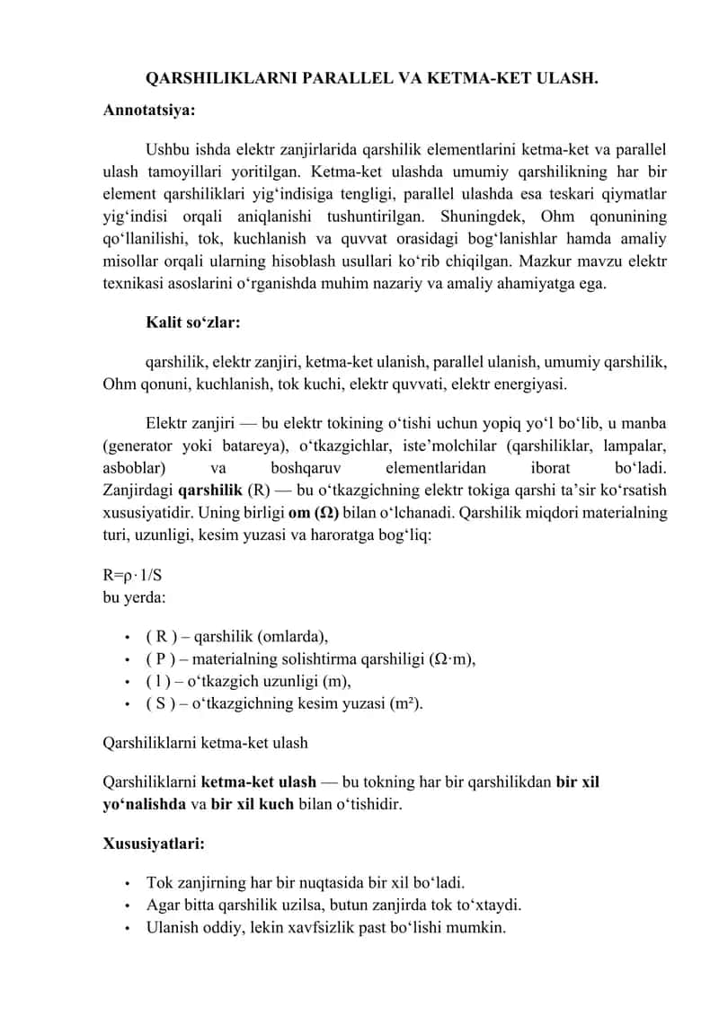 QARSHILIKLARNI PARALLEL VA KETMA-KET ULASH.
