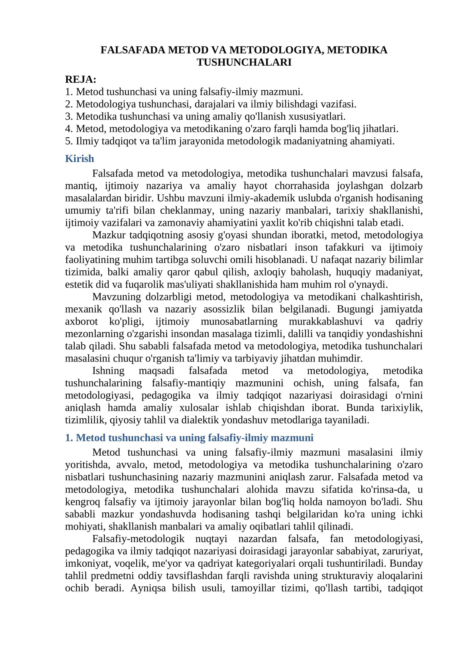 FALSAFADA METOD VA METODOLOGIYA, METODIKA TUSHUNCHALARI