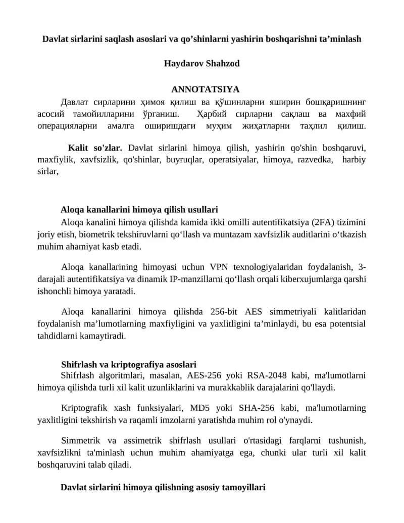Davlat sirlarini saqlash asoslari va qo’shinlarni yashirin boshqarishni ta’minlash
