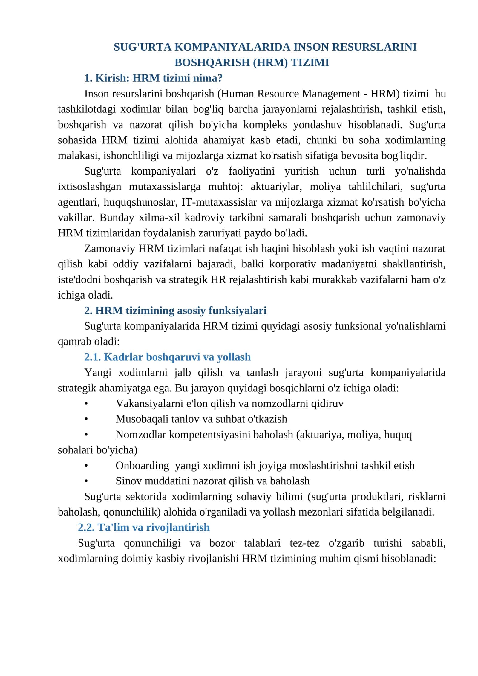 SUG'URTA KOMPANIYALARIDA INSON RESURSLARINI BOSHQARISH (HRM) TIZIMI