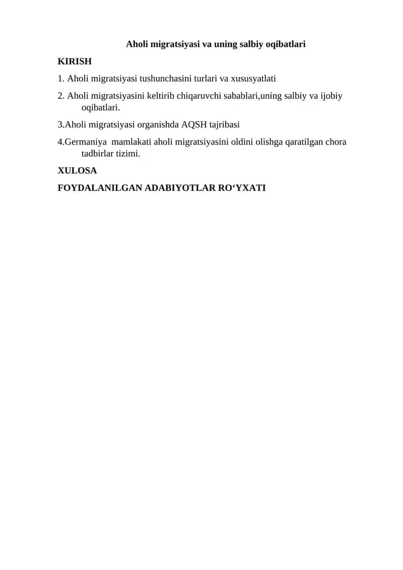 Aholi migratsiyasi va uning salbiy oqibatlari