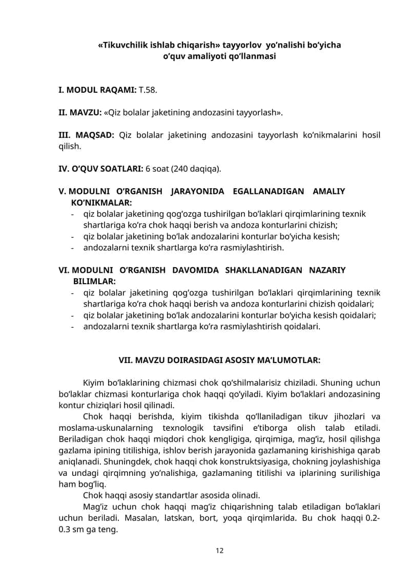 Qiz bolalar jaketining andozasini tayyorlash